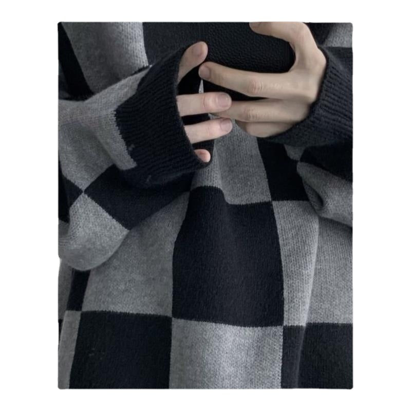 Dark Design Temperament Checkerboard Thickened Knit Sweater