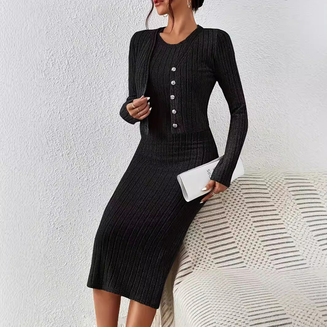 Front Button Cropped Top And Slim Fit Dress