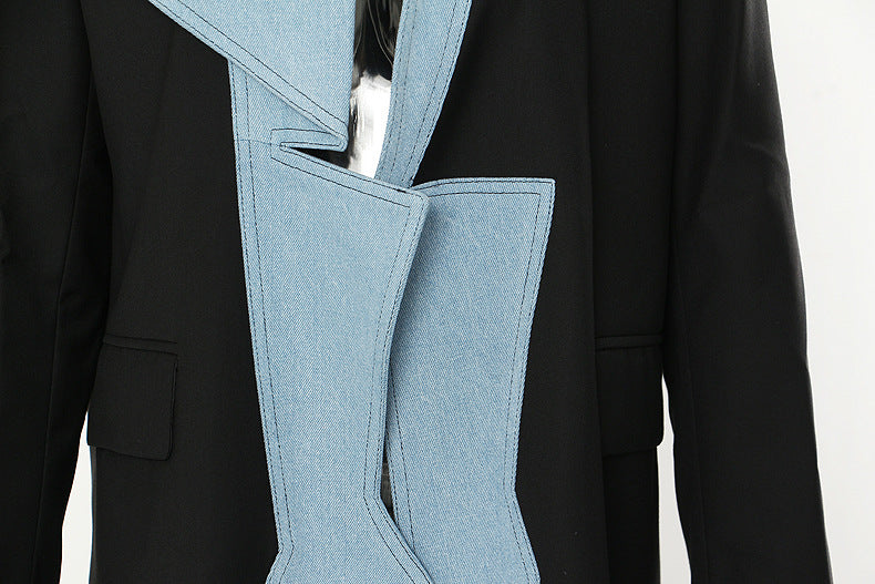 Autumn New Denim Stitching Asymmetric Suit Jacket