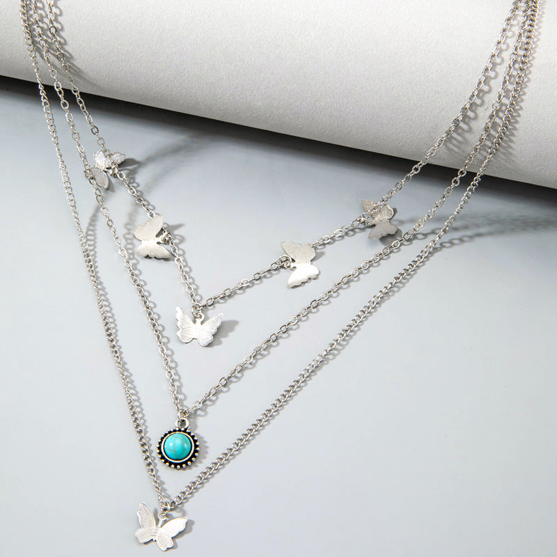 Ornament Retro Ethnic Style Simple Alloy Tassel Butterfly Inlaid Turquoise Multi-layer Necklace For Women