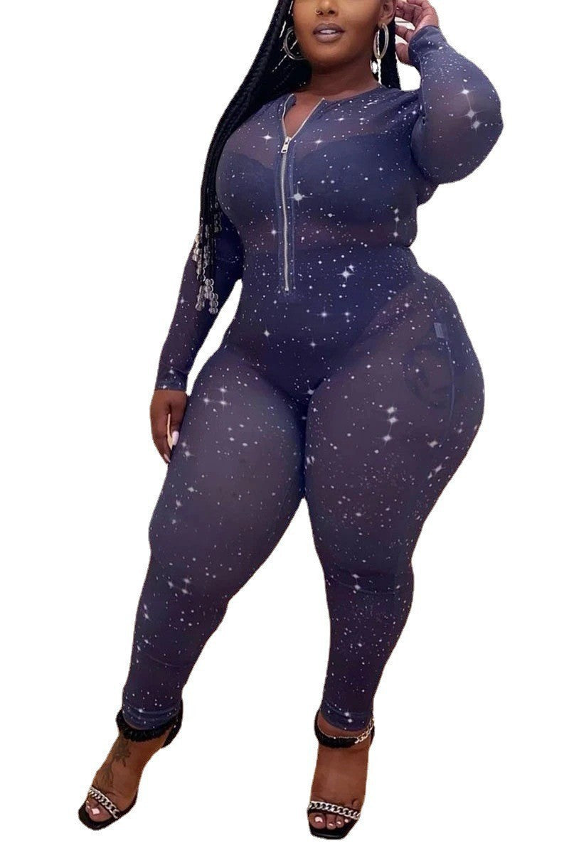 Hot Sale Sheer Temptation Printed Mesh Plus Size Jumpsuit