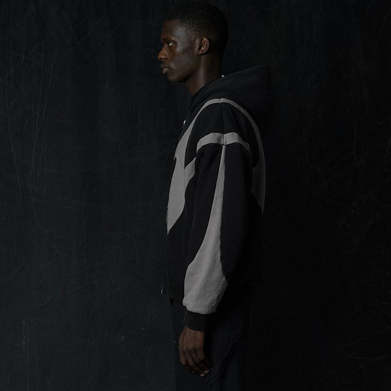 Pattern Stitching Trendy Hooded Cardigan Zipper Sweater