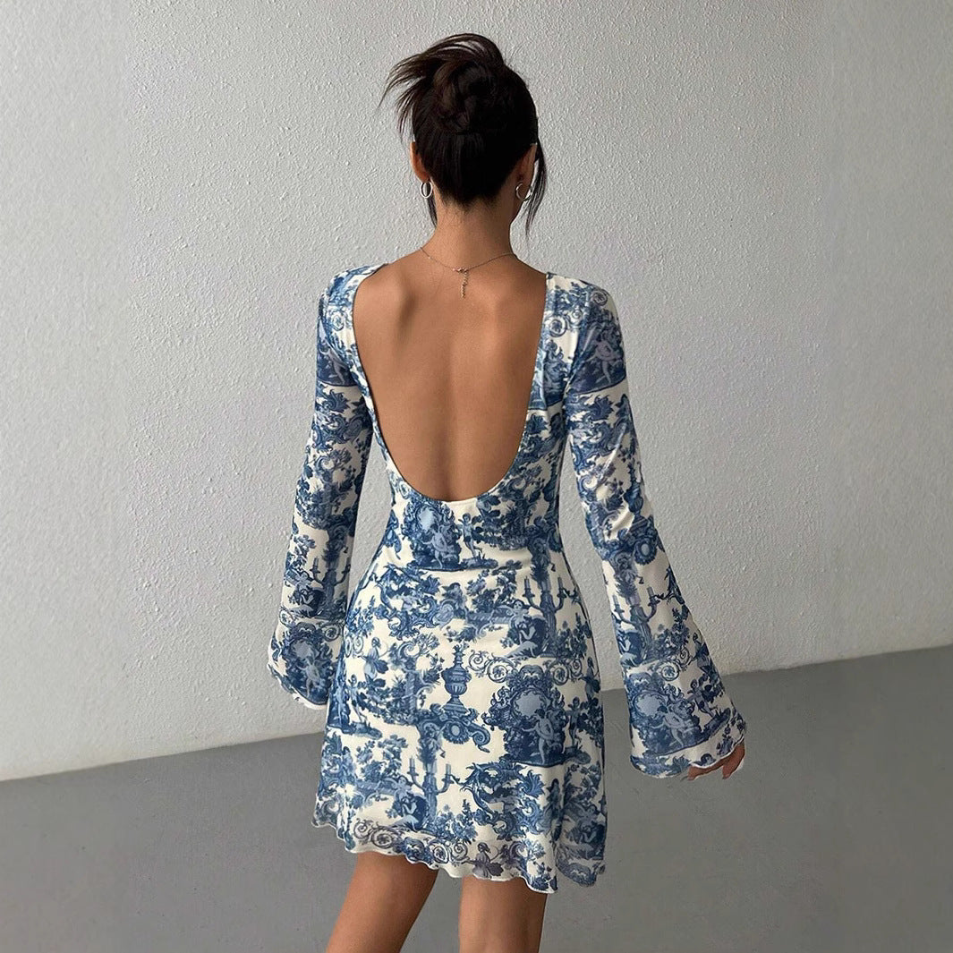 Printed Flare Sleeve Backless Mesh Dress