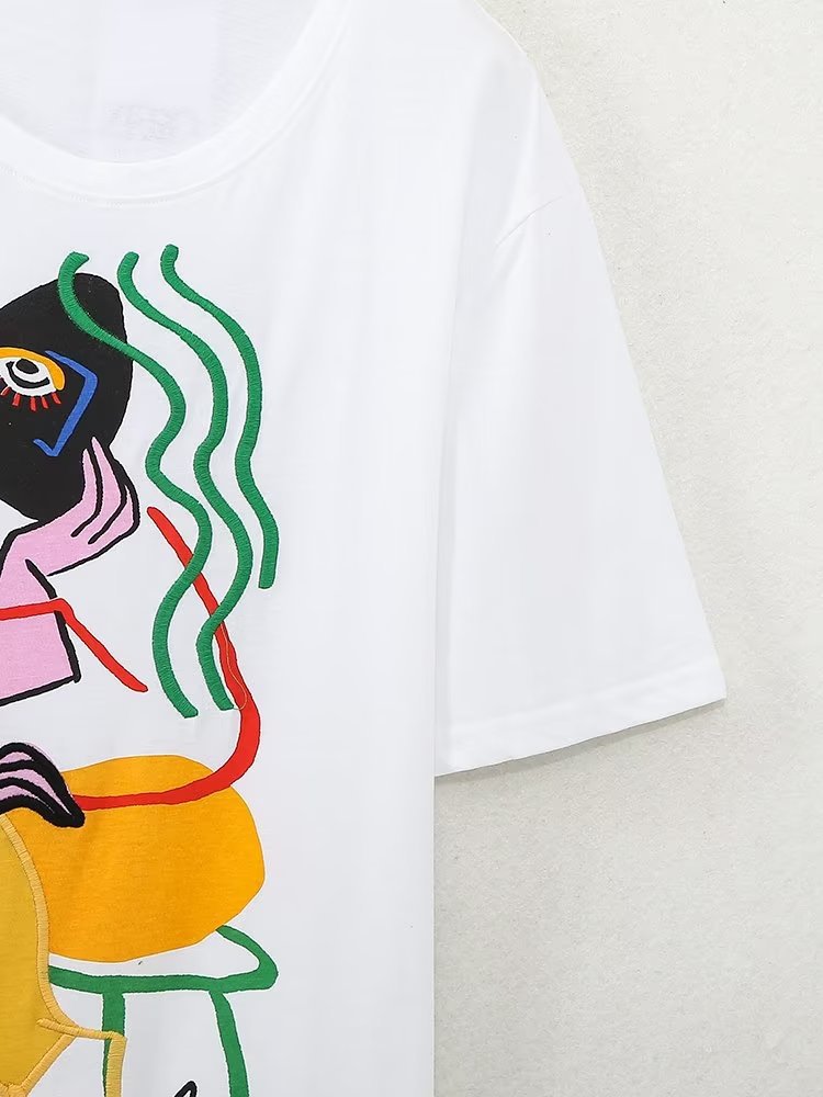 Women's Printing Color Contrast Round Neck Short Sleeve T-shirt