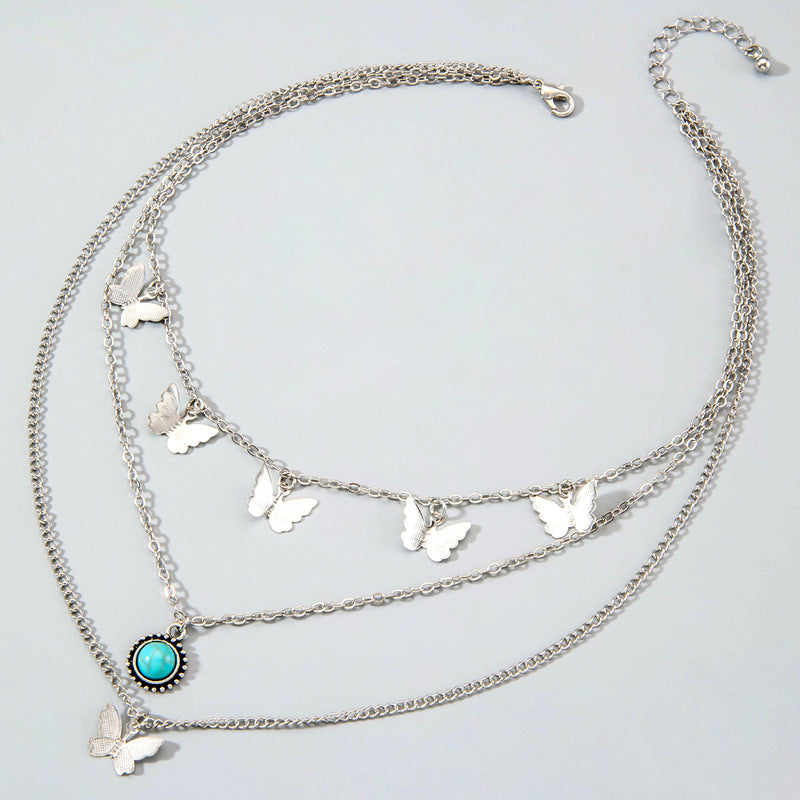Ornament Retro Ethnic Style Simple Alloy Tassel Butterfly Inlaid Turquoise Multi-layer Necklace For Women