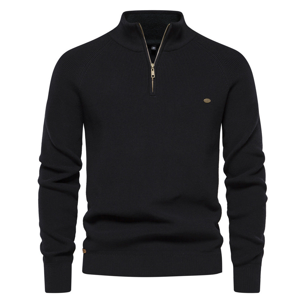 Men's Zipper Stand Collar Knitted Sweater Fashion Slim Solid Color Long Sleeve Half Turtleneck Top Men's Clothing